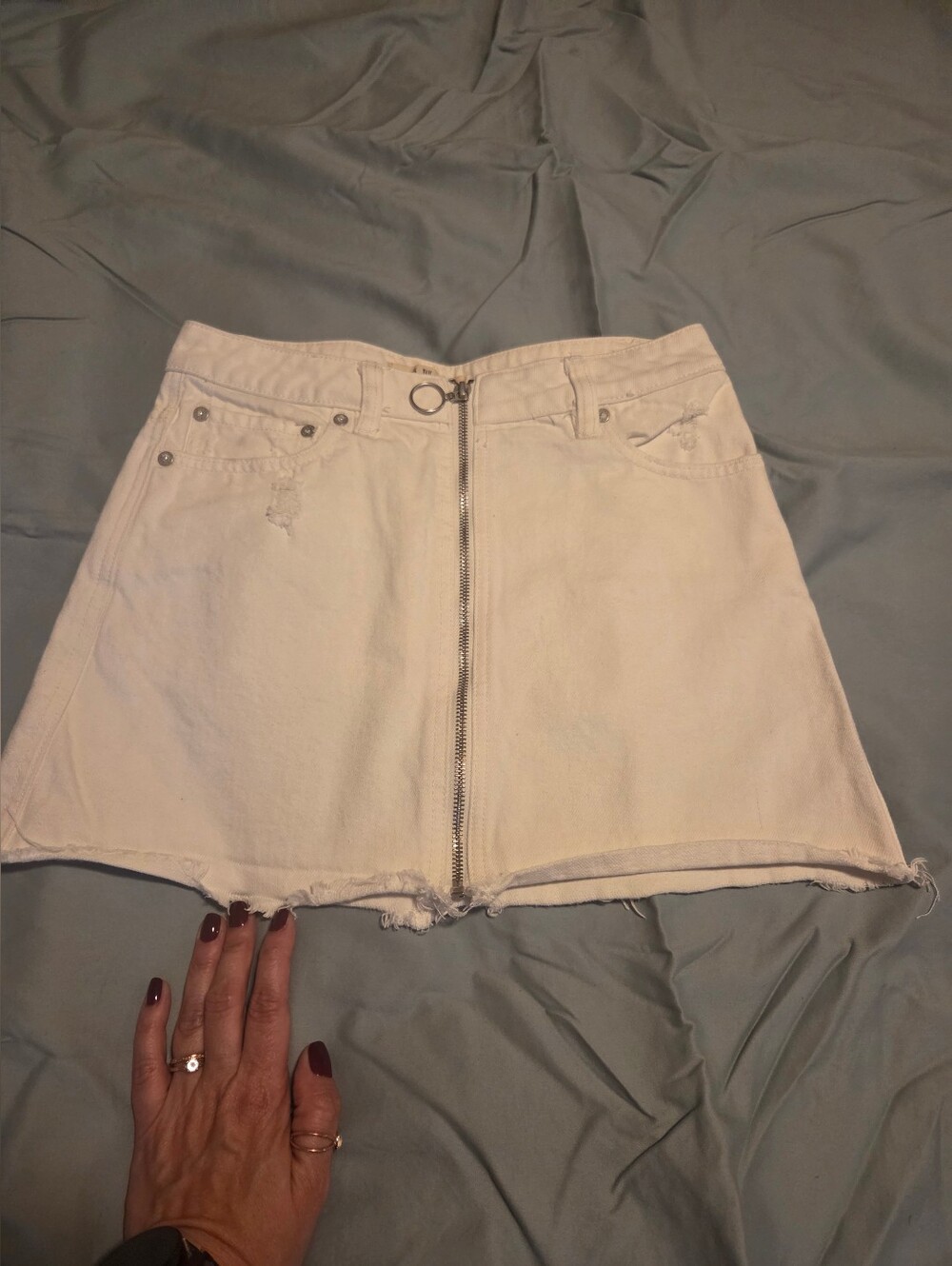 Free People White Denim Front Zip Mini Skirt